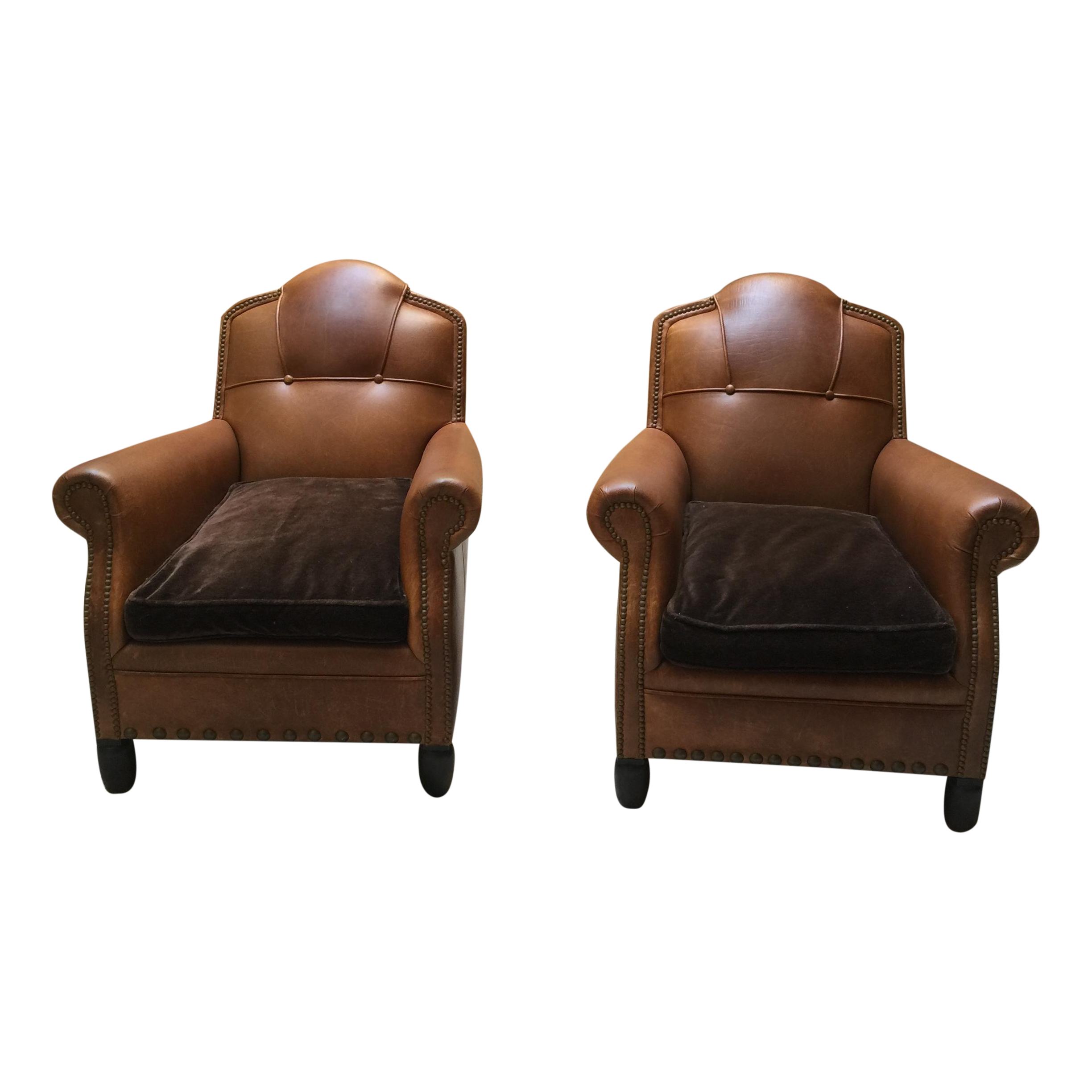 Studded French Leather & Mohair Armchairs A Pair Chairish