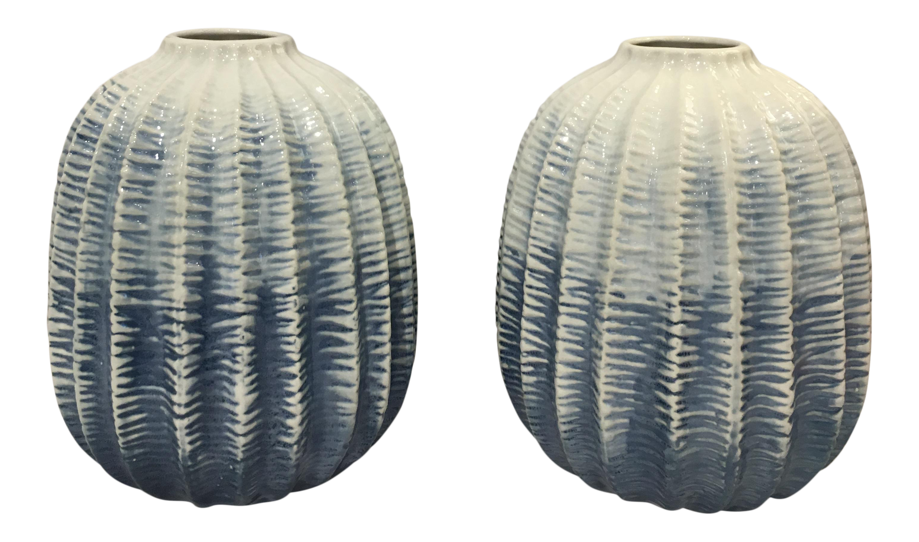 Ribbed Blue Ceramic Vases A Pair Chairish