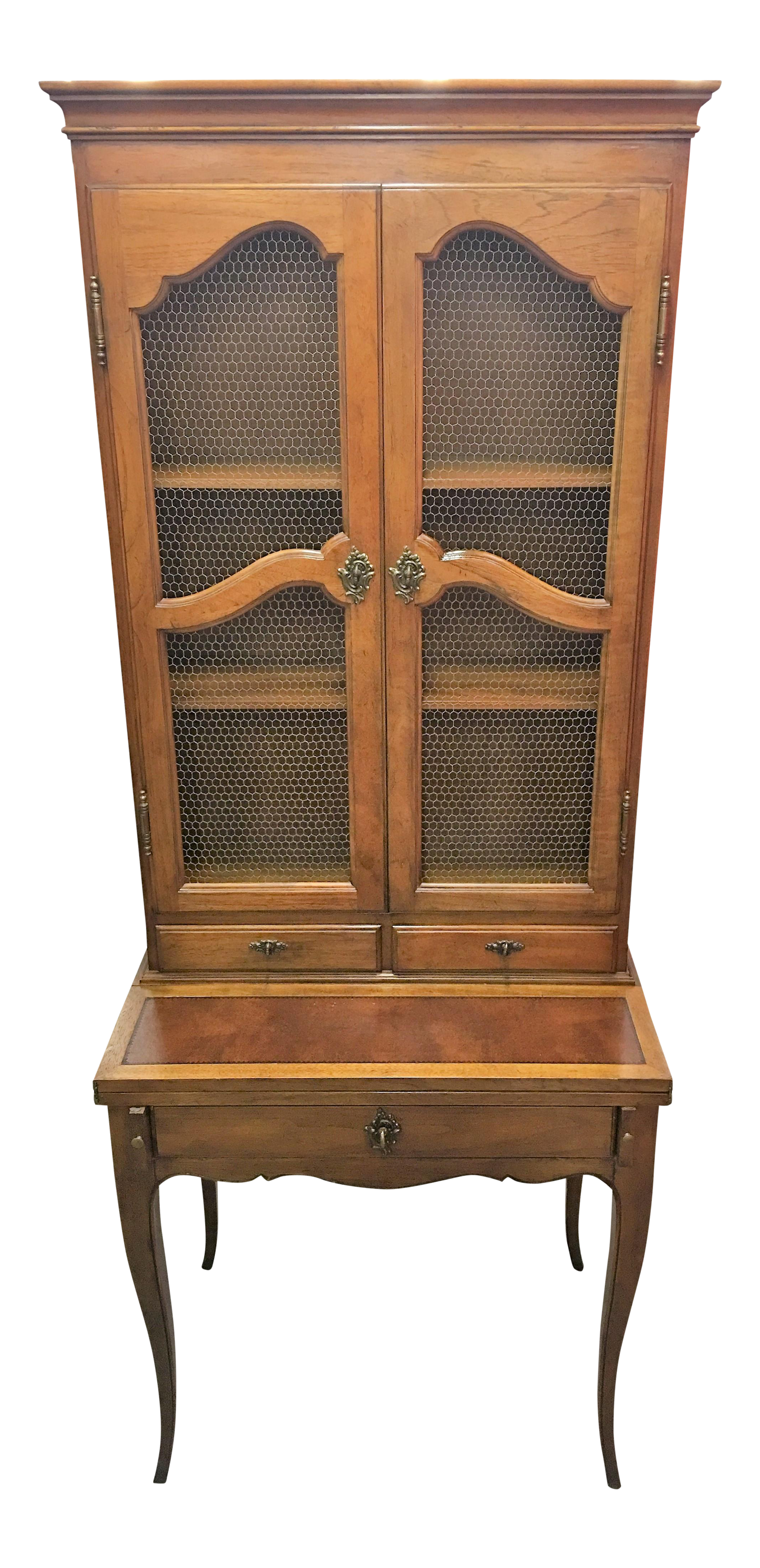 Vintage Secretary Desk with Mesh Glass Door Hutch | Chairish