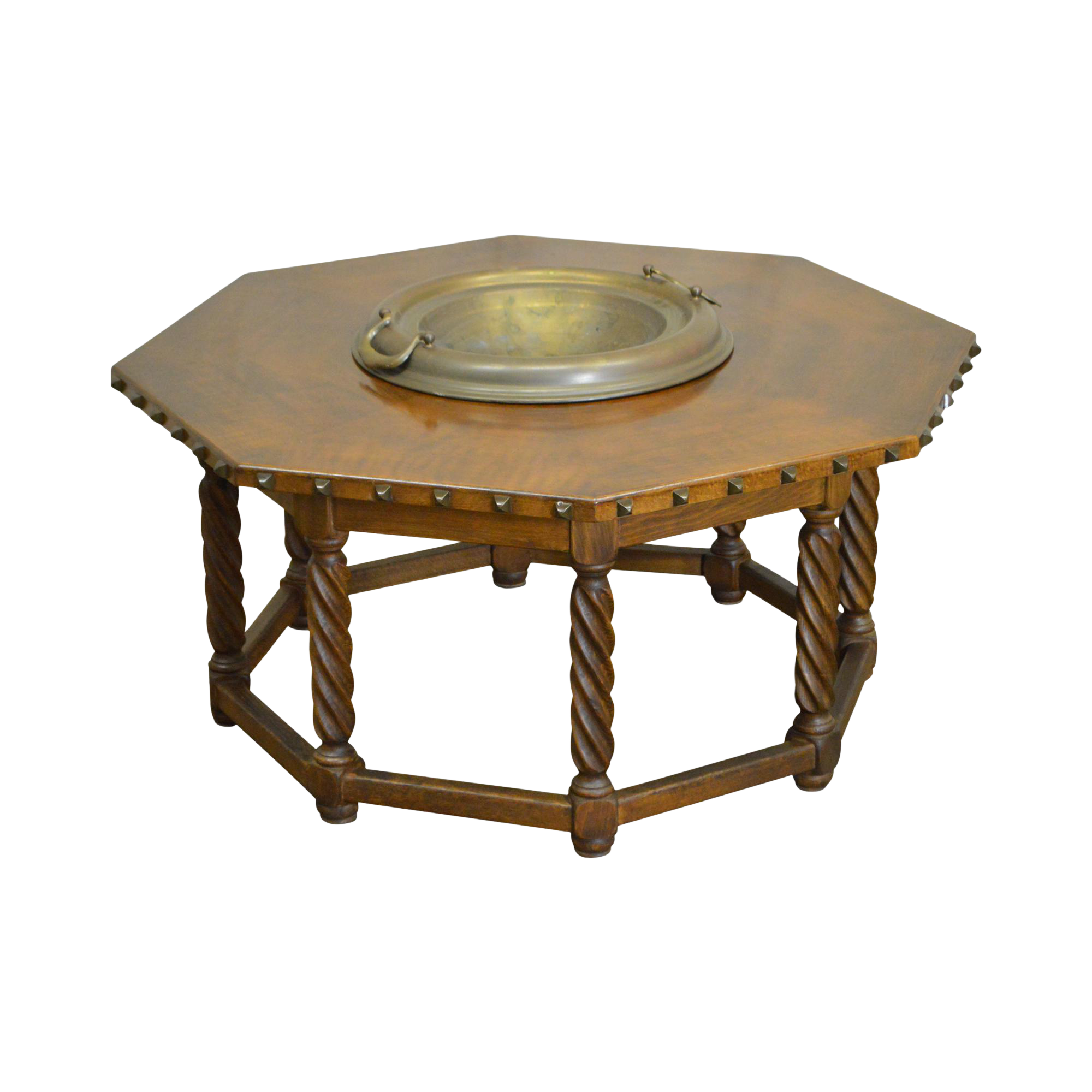 spanish renaissance style walnut octagon coffee table w brass bowl 0554