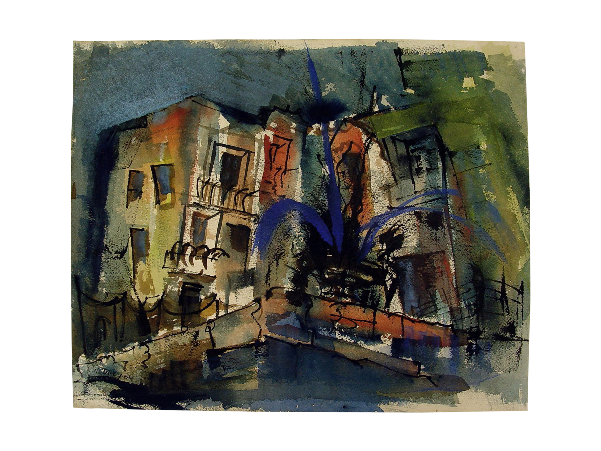 MidCentury Modern Cityscape Watercolor Painting Chairish