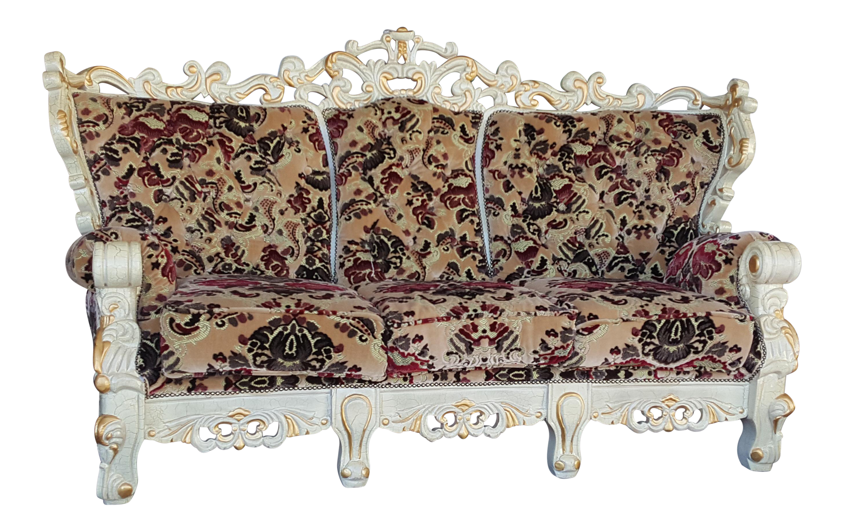 Vintage Victorian Style Floral Velvet Carved Wood Sofa - Ivory and Gold