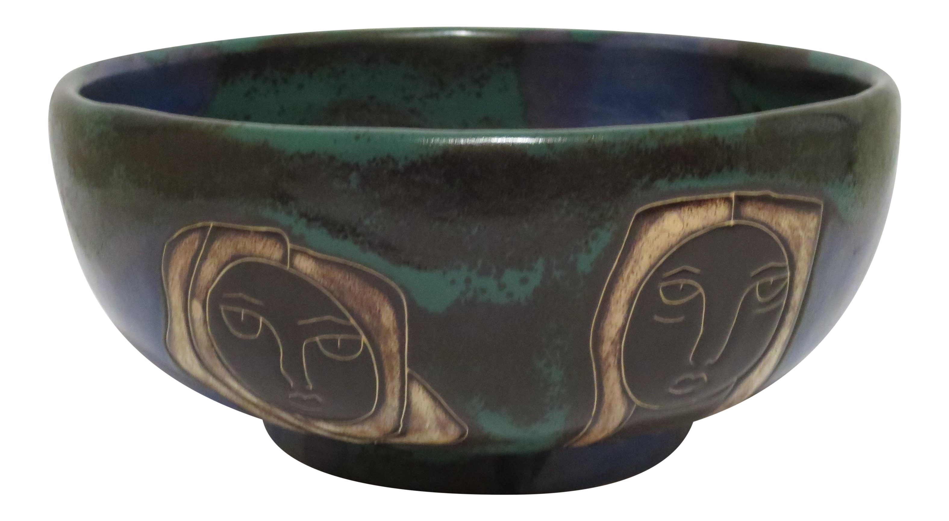 Decorative Green Ceramic Bowl with Faces Chairish