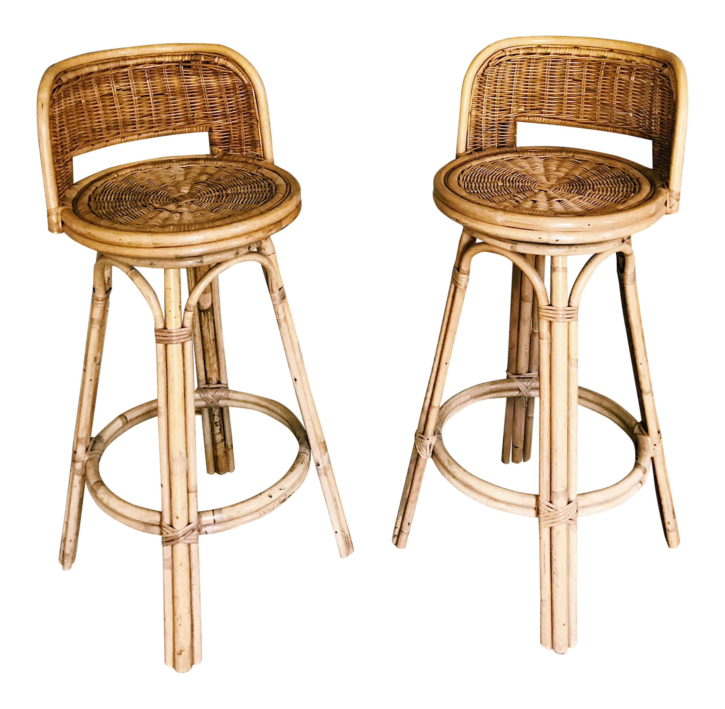 Vintage Boho Rattan & Bamboo Swivel Bar Stools - A Pair | Chairish