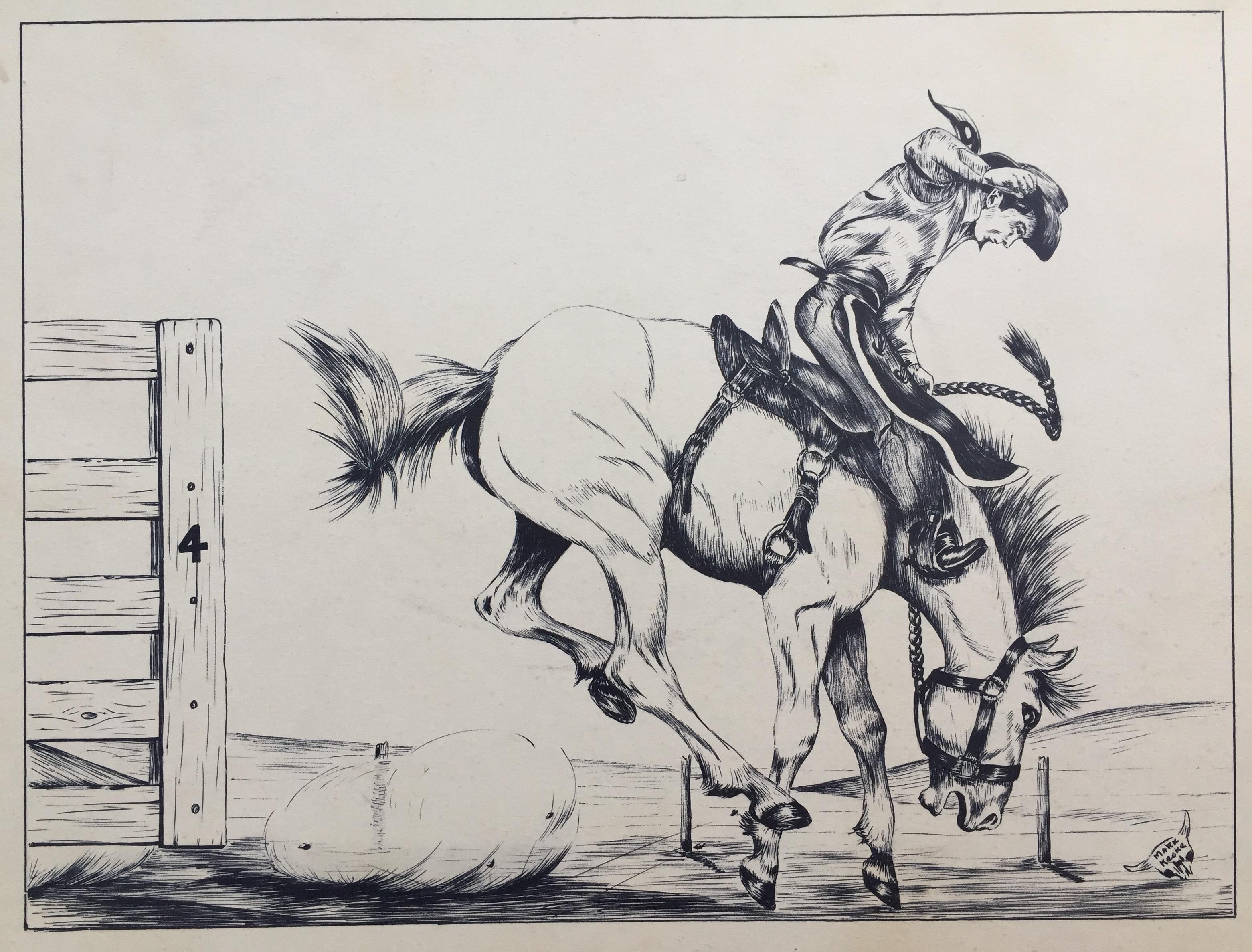 Bucking Bronco Western Art Original Pen & Ink Drawing, 1961 Chairish