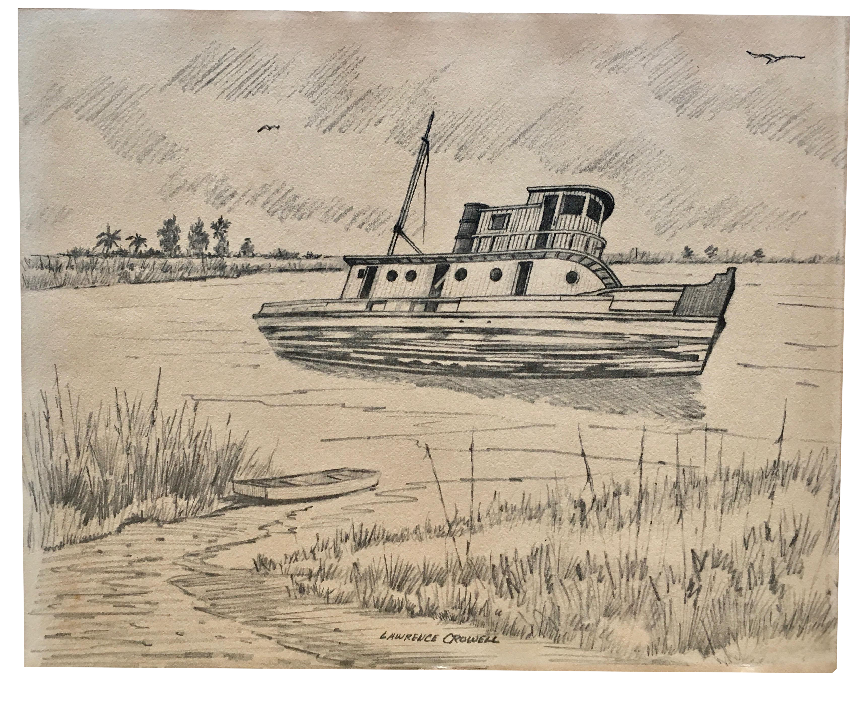 Pencil on Paper Vintage Fishing Boat Drawing | Chairish