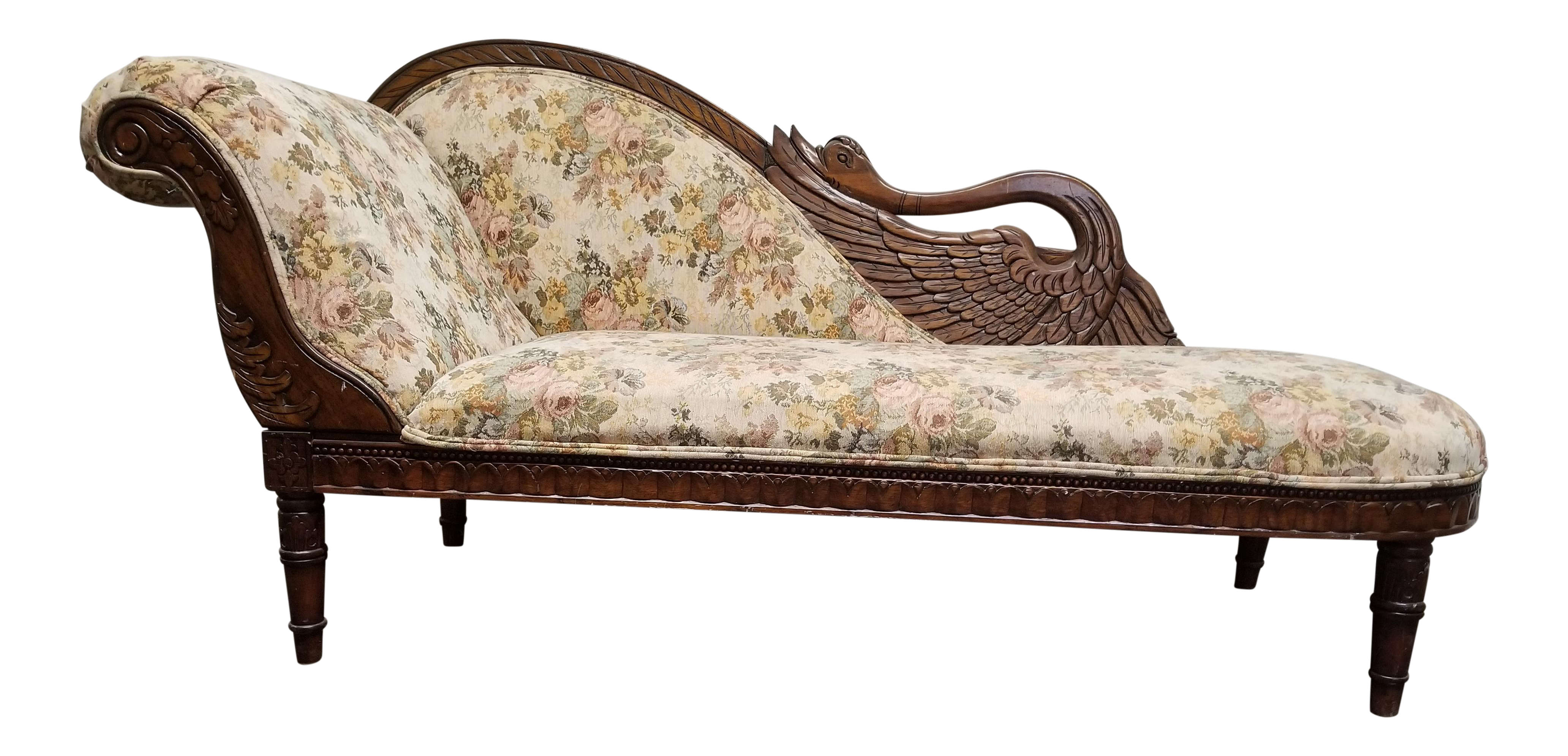 Antique Victorian Floral Swan Chaise Lounge | Chairish