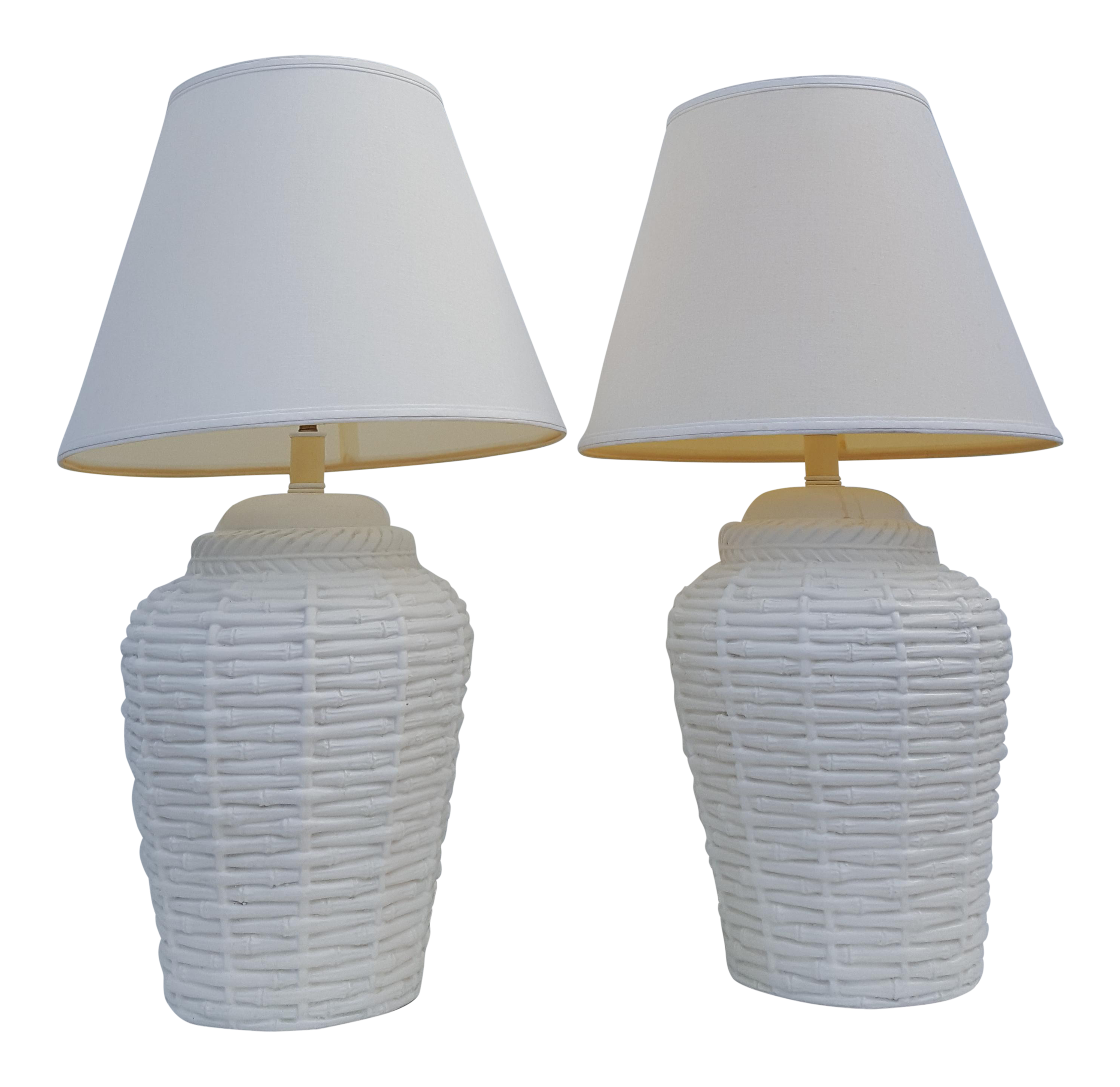 John Dickinson Style Faux Bamboo woven Baskets Table Lamps A Pair