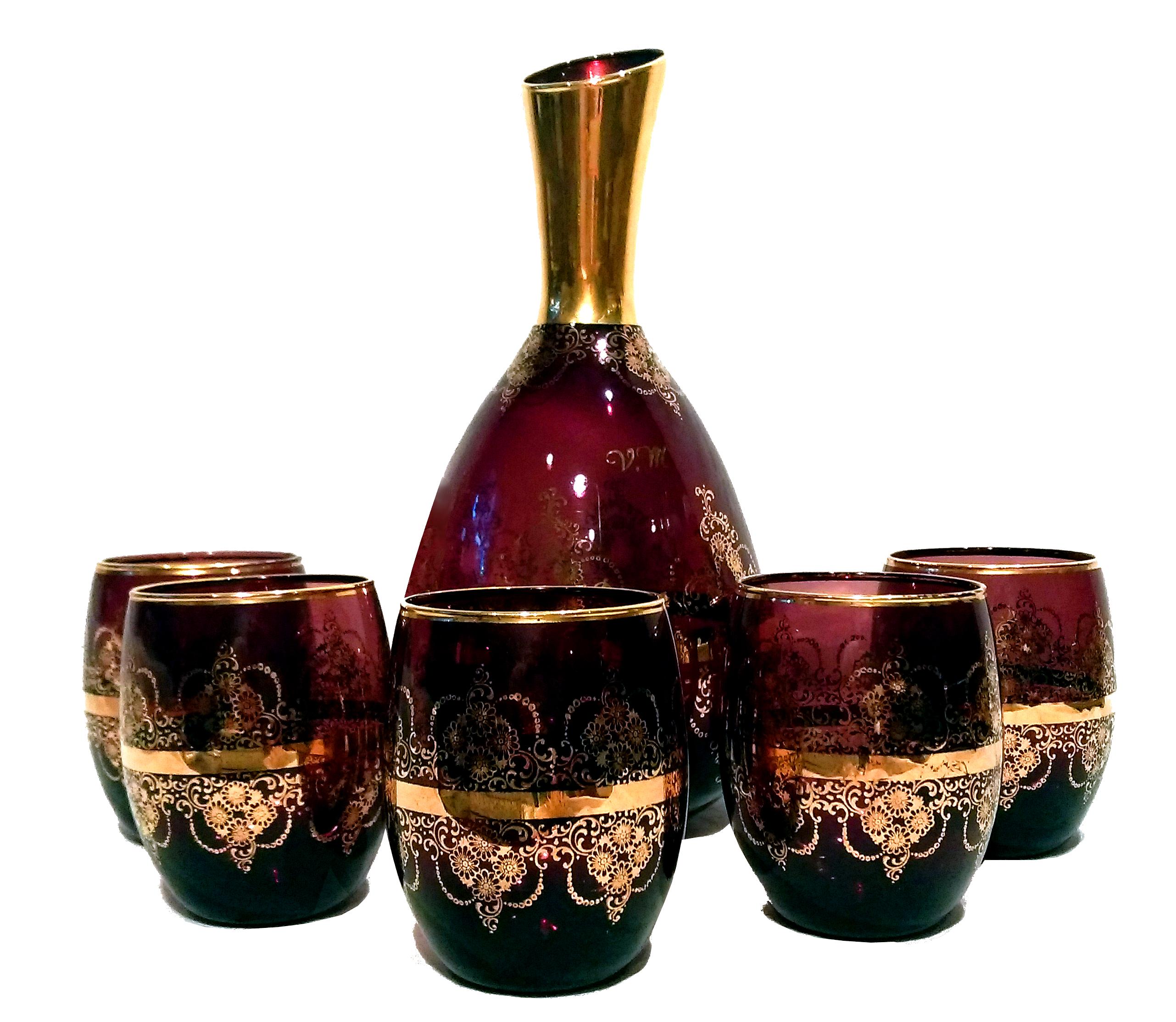 Amethyst Glass W/24k Gold Gilt Decanter Set S/6 Chairish