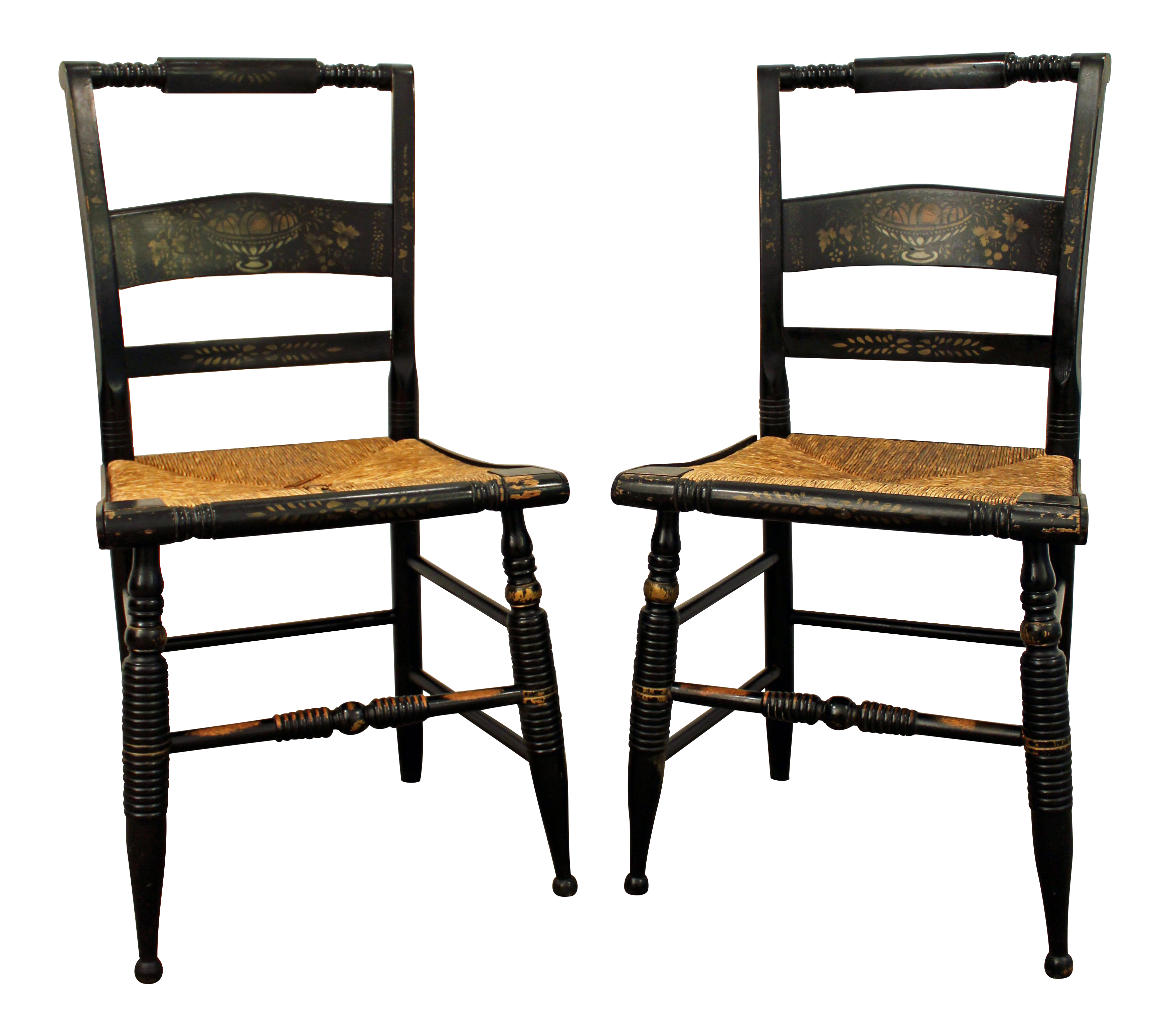 Vintage Nichols and Stone Stenciled Rush Seat Side Chairs A Pair