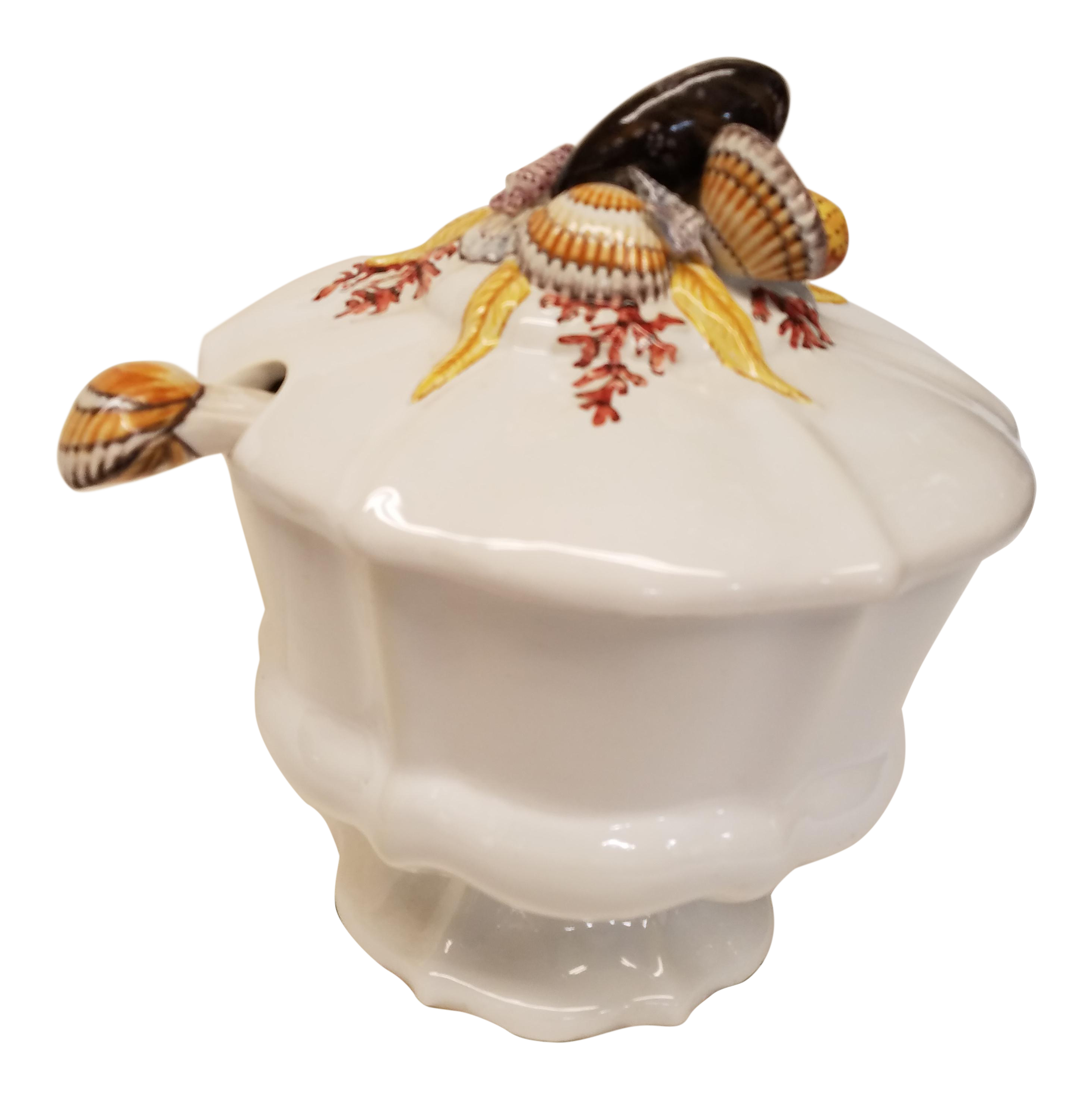 White Majolica Soup Tureen With Sea Shells & Coral, Made in Italy for B