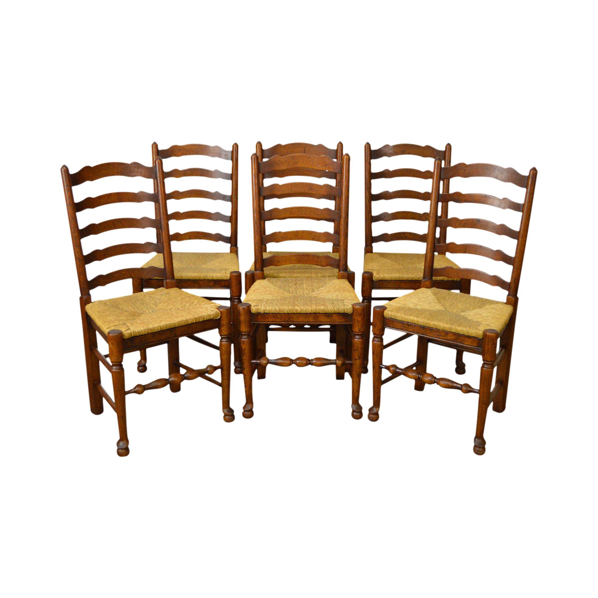 French Country Style Set of 6 Antique Ladder Back Rush Seat Dining