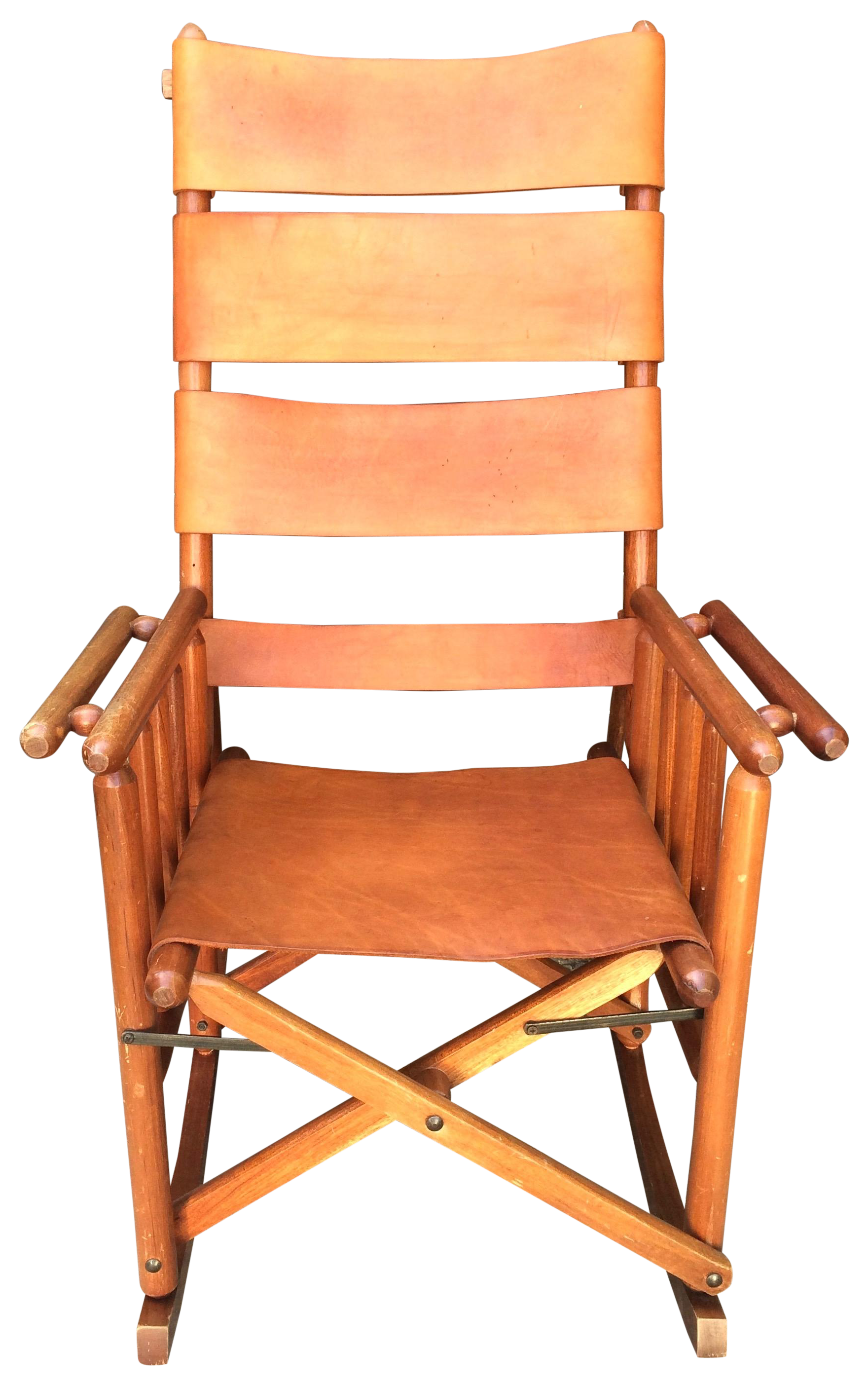 Mid Century Teak And Leather Folding Rocking Chair 0896