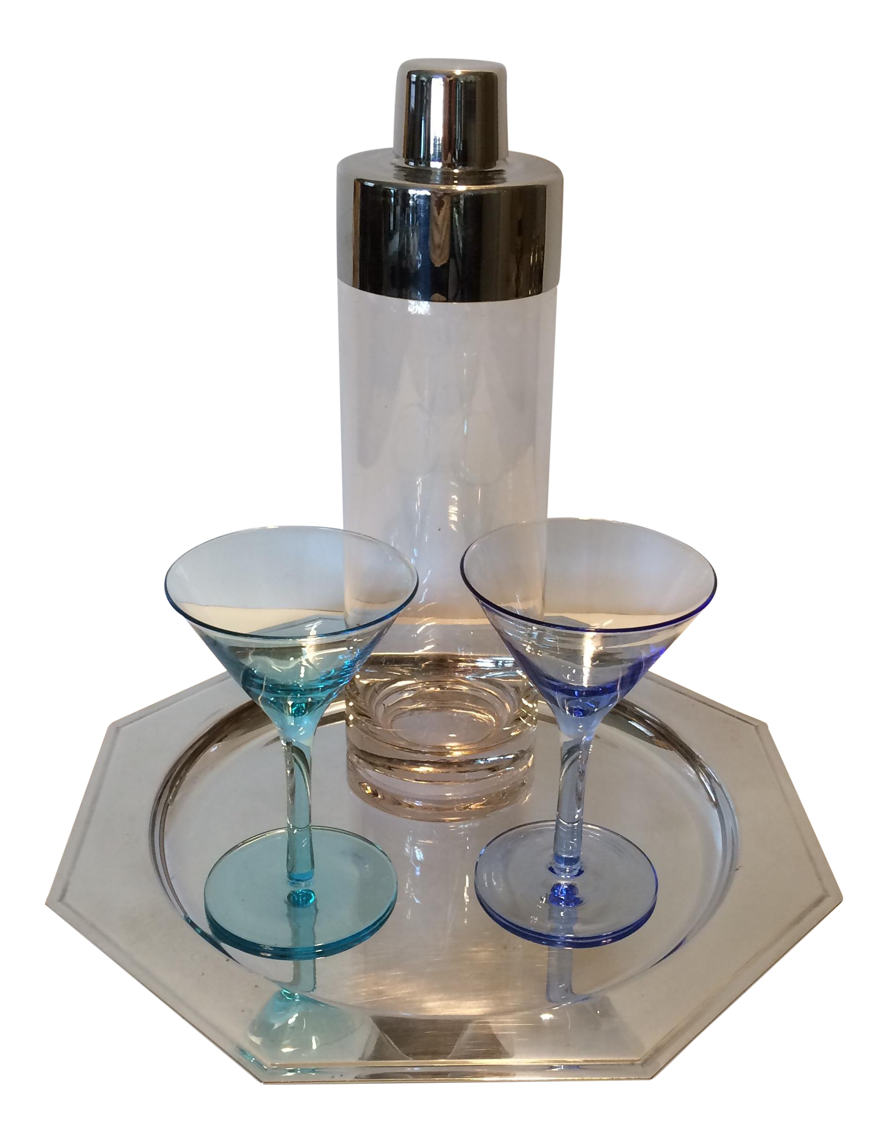 Vintage Martini Shaker with 2 Glasses & Silver Plated Tray Set Chairish