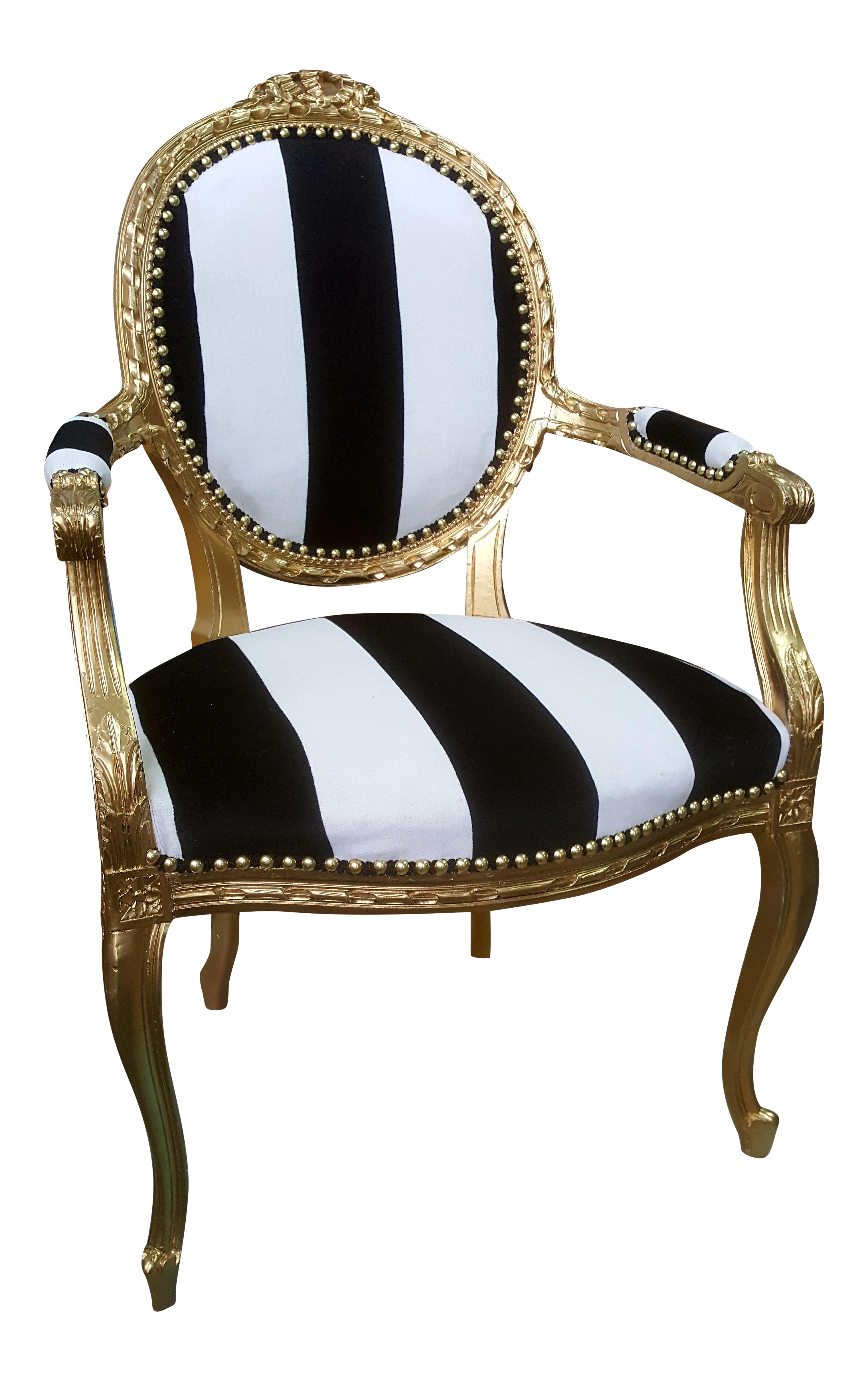 Antique Louis XVI Chair in Gold Leaf with Black and White Striped