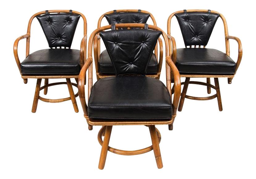 Vintage Swivel Rattan & Leather Chairs Set of 4 Chairish