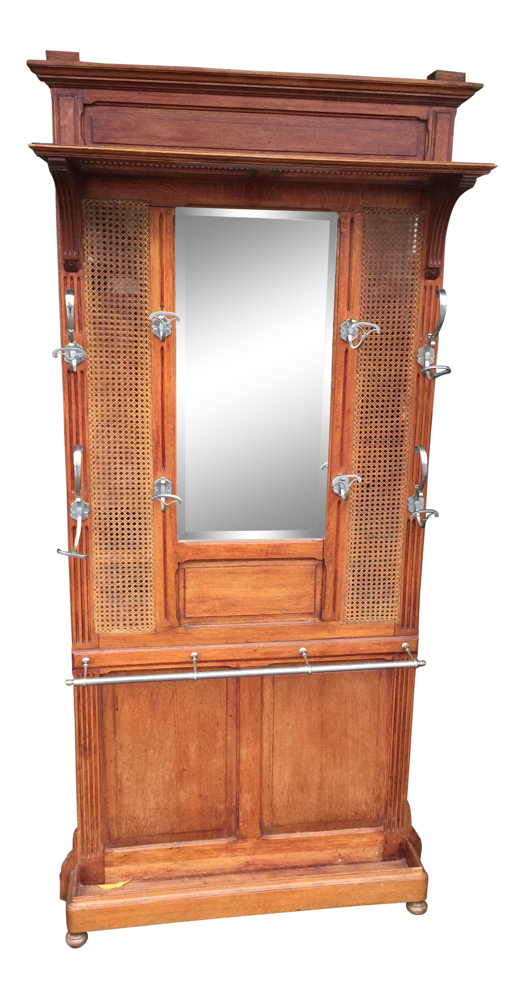 English Oak Hall Tree Coat Rack With Cane and Mirror Chairish
