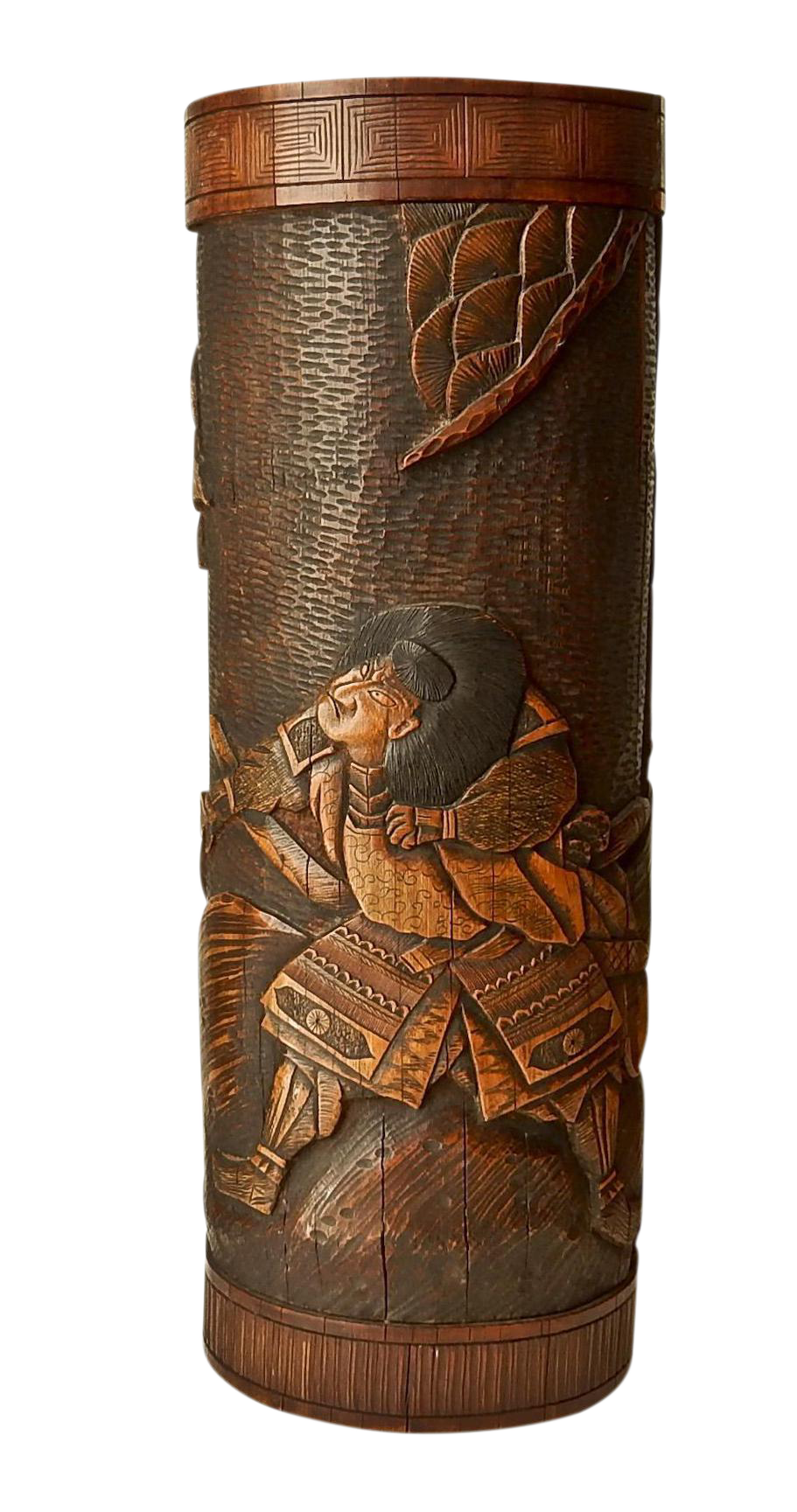 Vintage Bamboo Vase, Japanese Brush Holder, Carved Wood Vase, Samurai