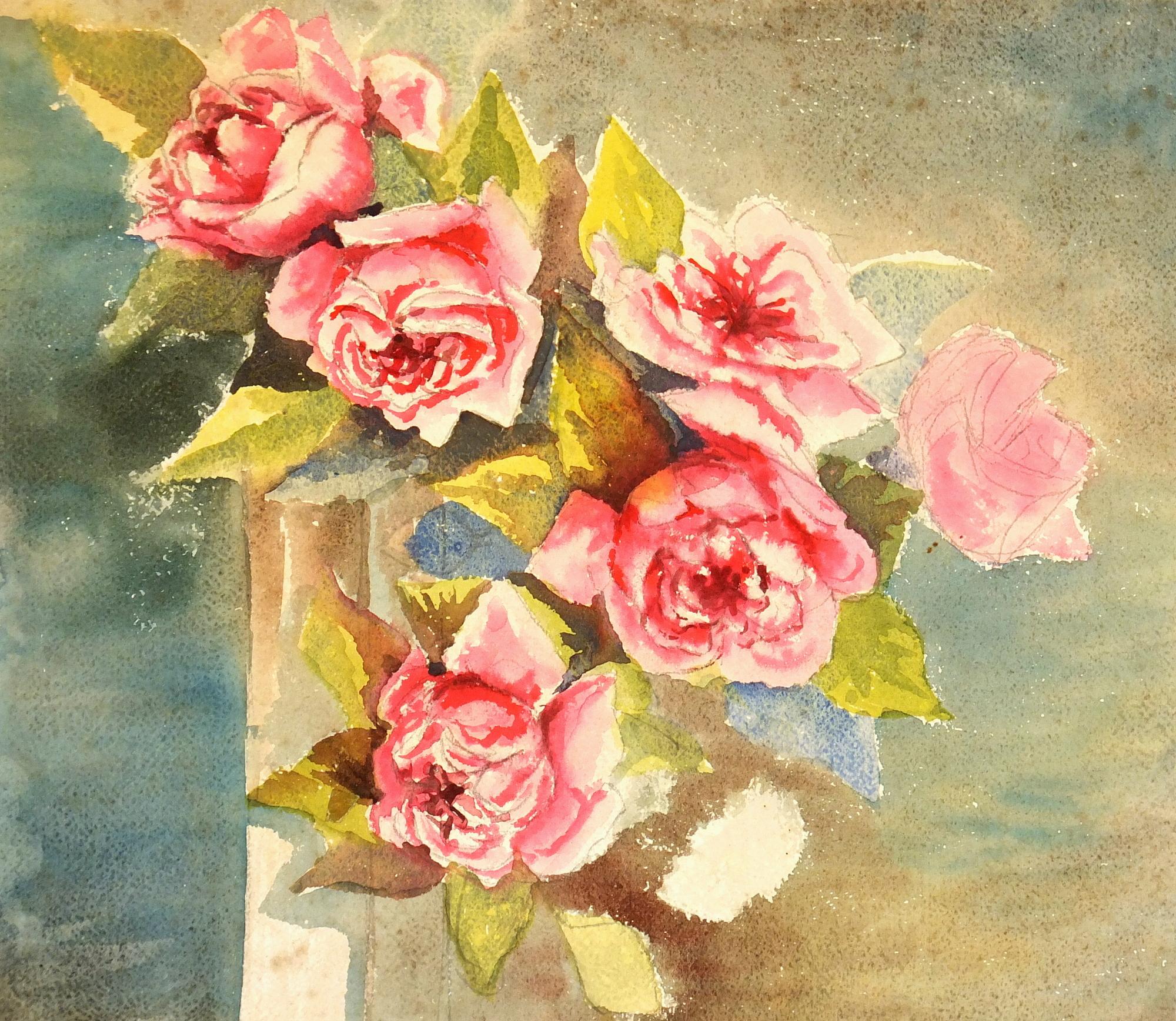 1950 Vintage Rose Arrangement Watercolor Painting | Chairish