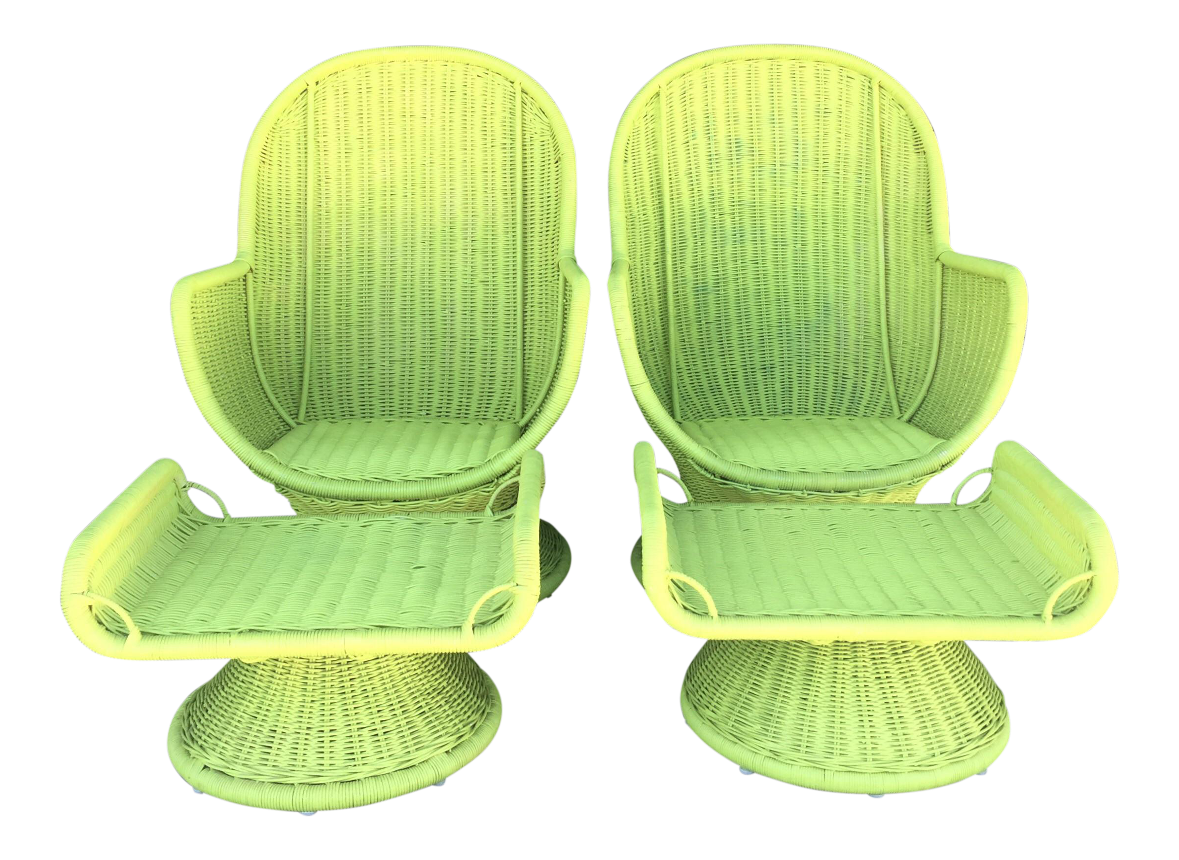 Vintage Lime Green Wicker Swivel Egg Chairs & Ottoman Set ...