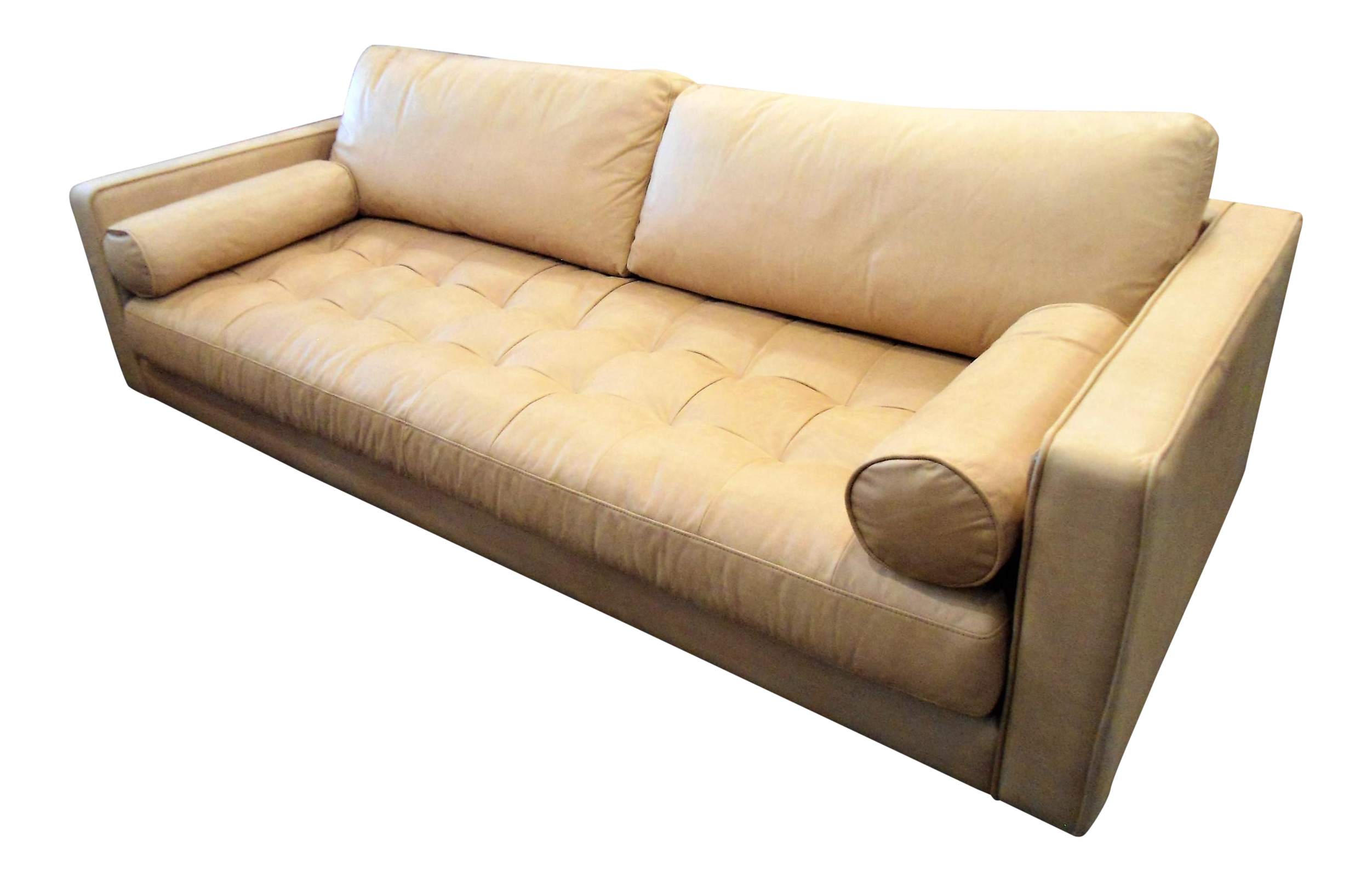 Full Grain Tufted Tan Leather Sofa W 2 Bolster Pillows