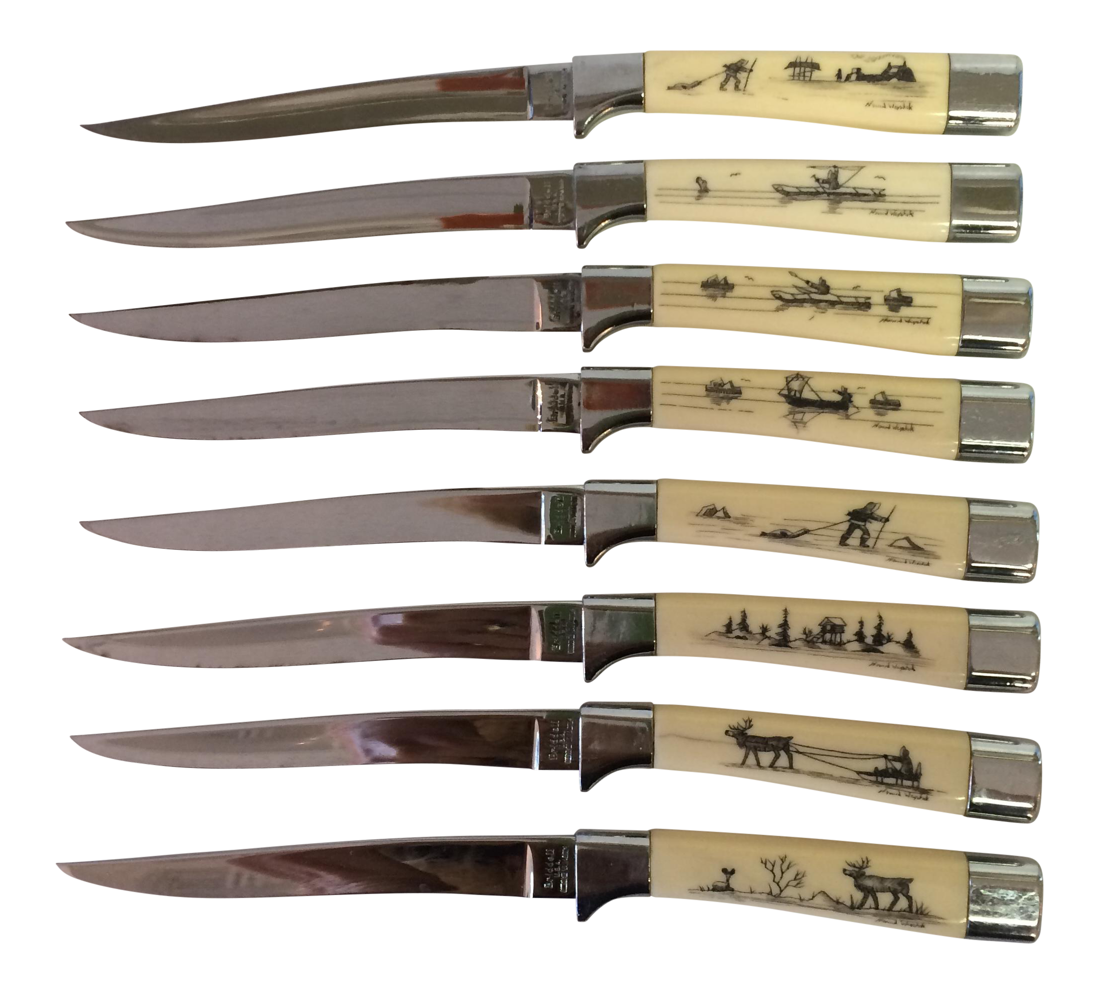 Vintage Cutlery Set of 8 by Howard Weyahok Alaskan Scenes Scrimshaw