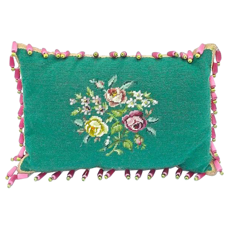Vintage English Roses Green Needlepoint Pillow Chairish