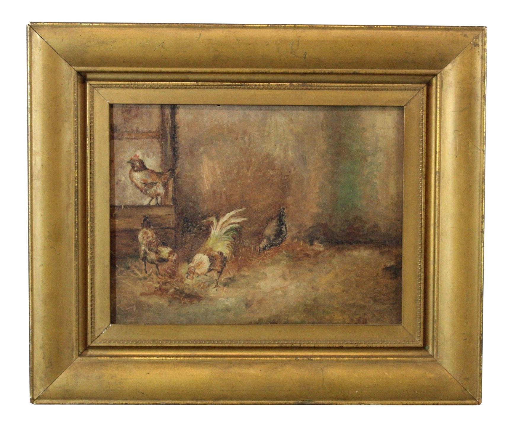 Antique Oil on Board Painting of Rooster & Chickens Chairish