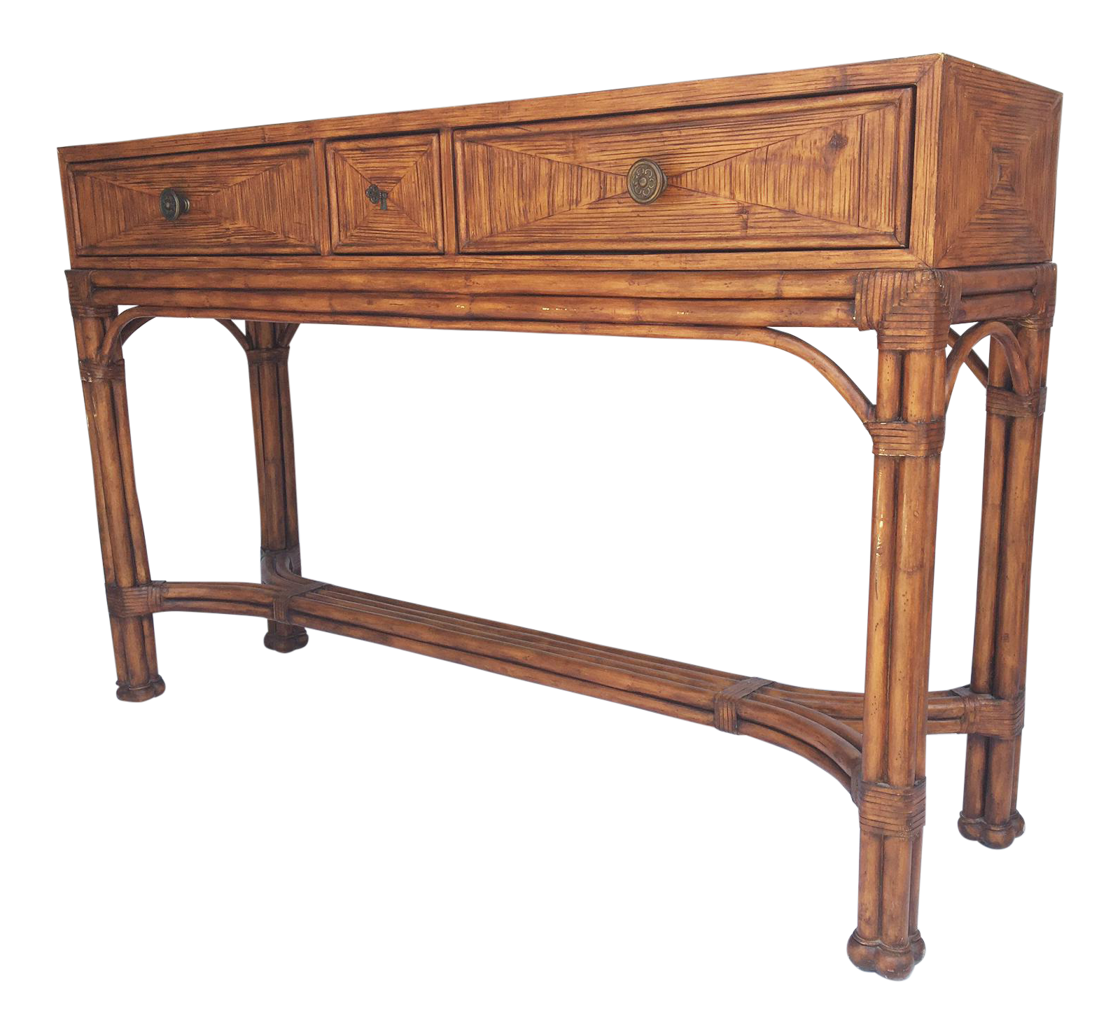 Ethan Allen Burnt Bamboo Rattan 3 Drawer Console Table Chairish