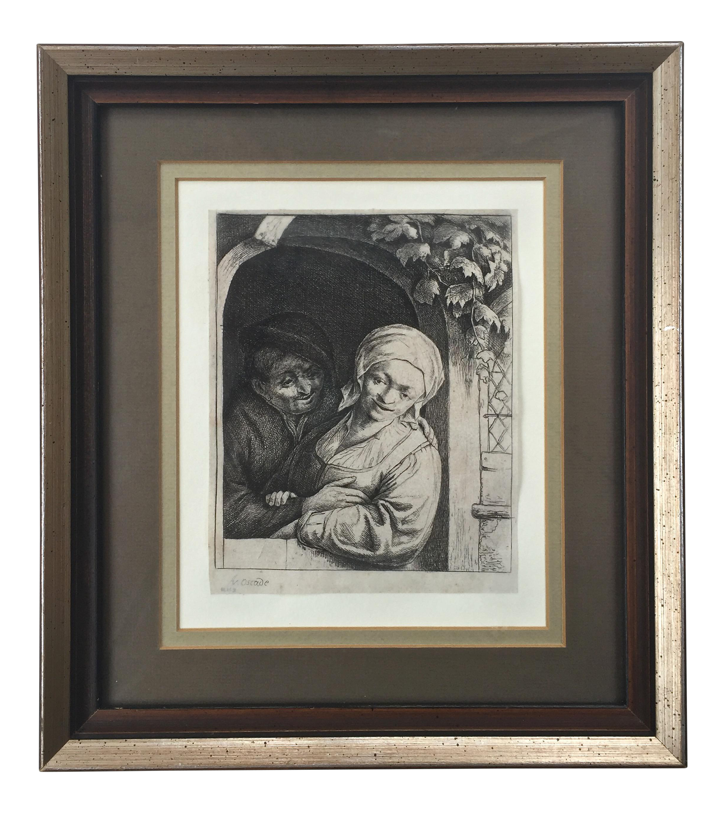 Antique Dutch 'Village Romance' Etching 1667 by Adrian Van Ostade