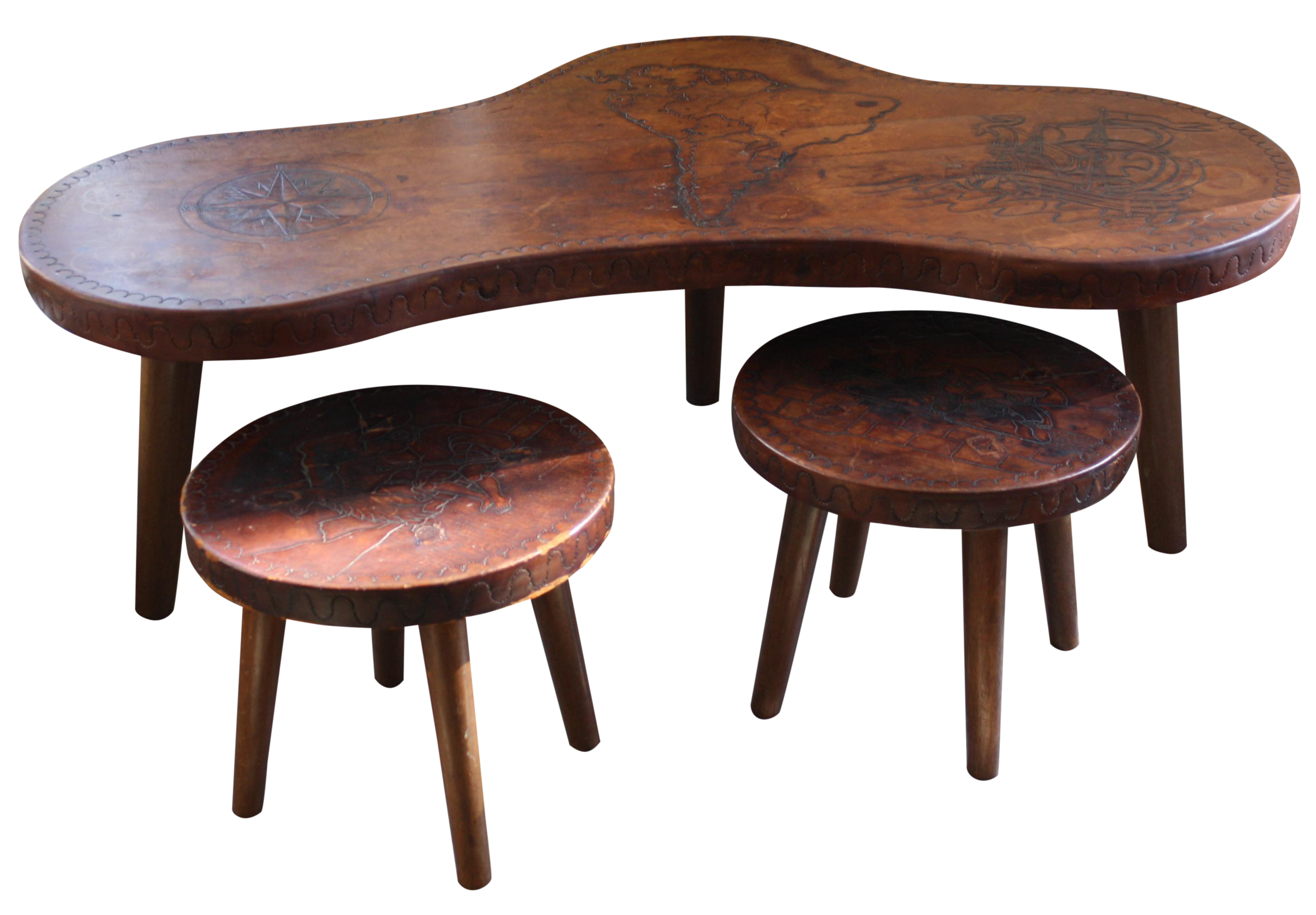 Mid Century Peruvian Leather Coffee Table & Stools