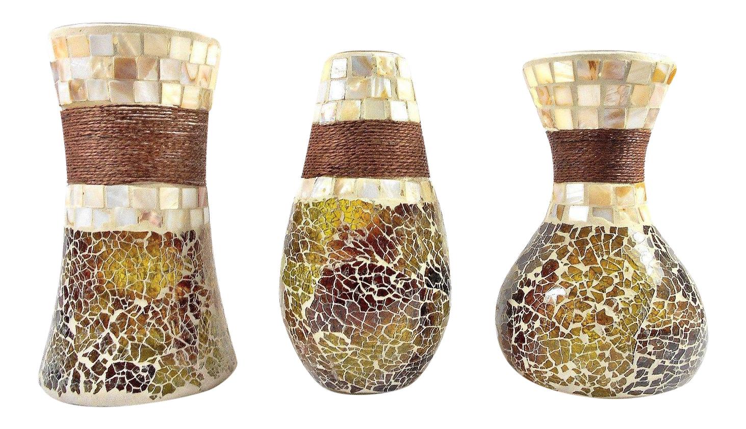 Stained Glass Mosaic Vases W/Seashell Tiles and Rope 3 Vase Set