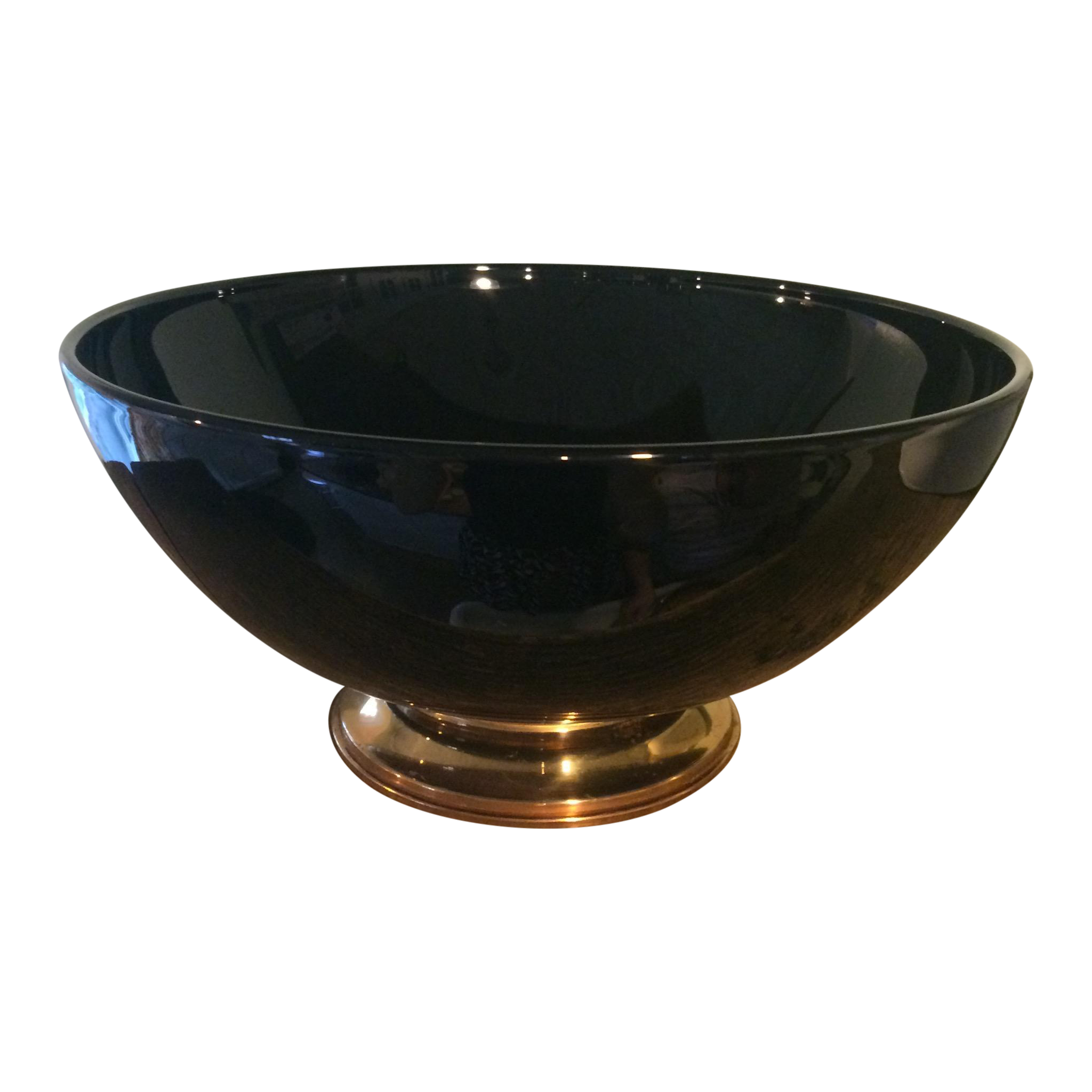 Vintage Black Glass Bowl on Gold Metal Pedestal | Chairish