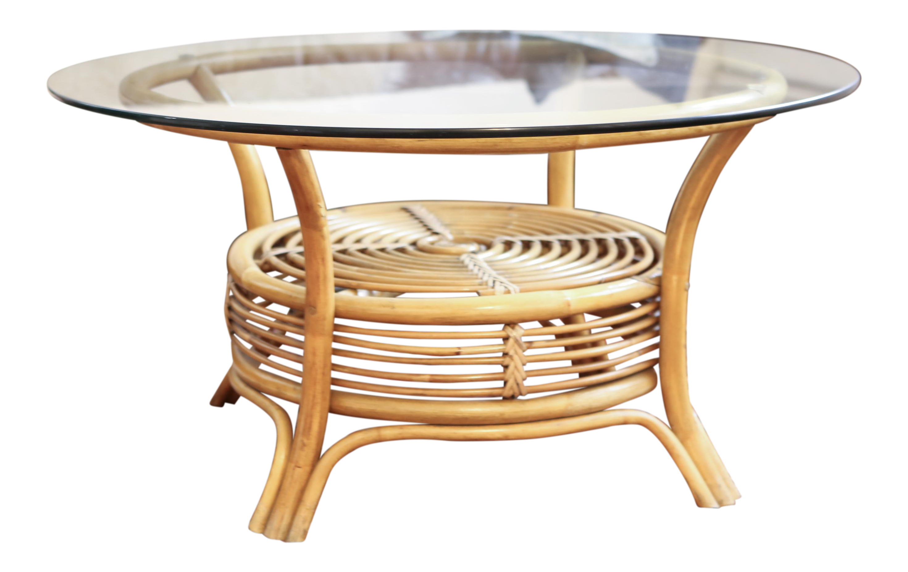 Round Rattan & Bamboo Pencil Reed Glass Top Coffee Table | Chairish