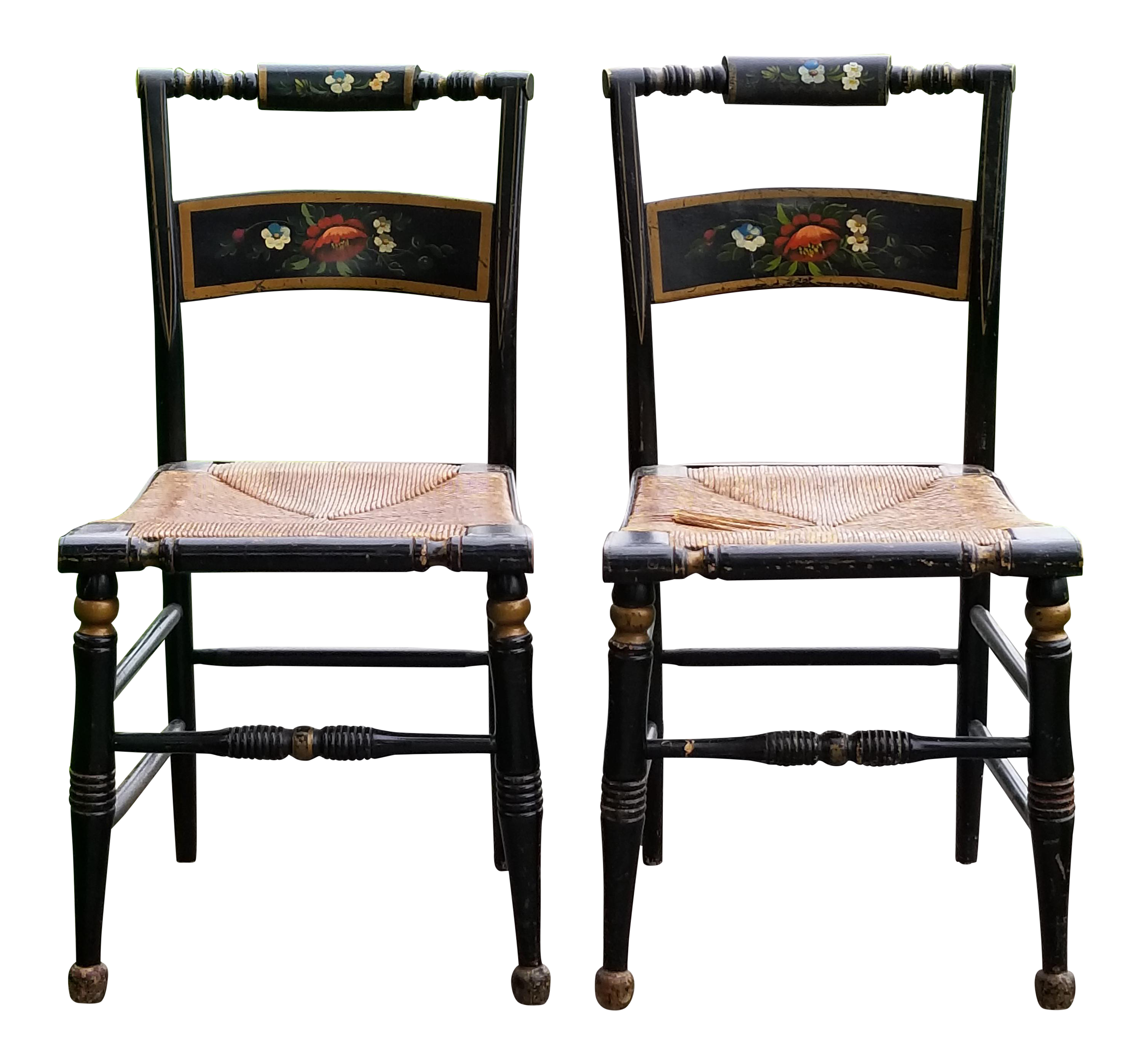 Download Antique Early American Hitchcock Style Stenciled Wood and Rush Seat Floral Motif Chairs - a Pair ...