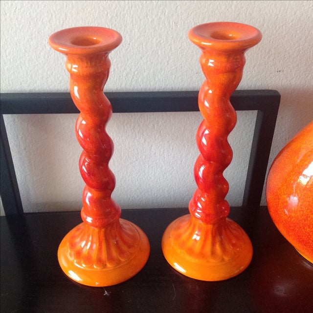 MidCentury Orange Pottery Vase & Candlesticks Set of 3 Chairish