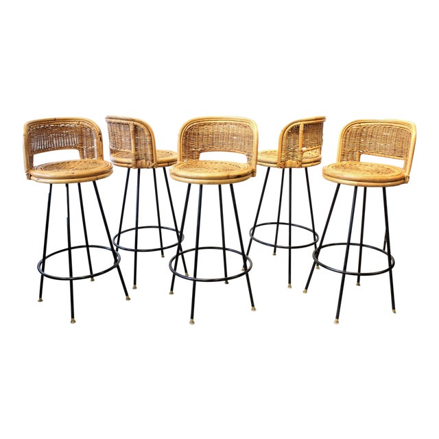 Rattan & Wrought Iron Bar Stools - Set of 5 | Chairish