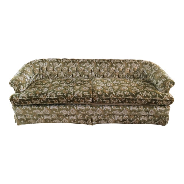 Hollywood Regency Silver Craft Tufted Green Floral Crushed Velvet Sofa