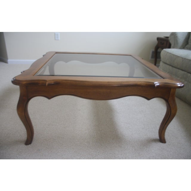 Ethan Allen Country French Coffee Table With Beveled Glass Insert