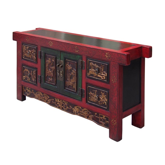 Carved Rustic Style Low Red TV Console or Chairish