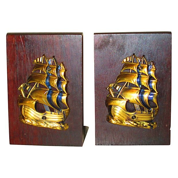 Nautical Ship Brass & Wood Bookends Chairish