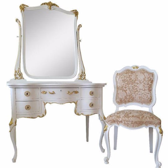 Antique White Makeup Vanity With Mirror & Chair Chairish