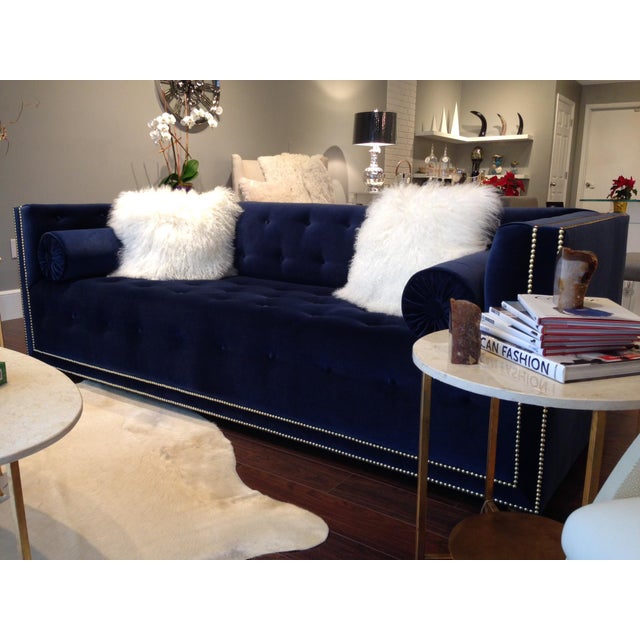 Navy Velvet Senda Sofa and Two Bolster Pillows Chairish