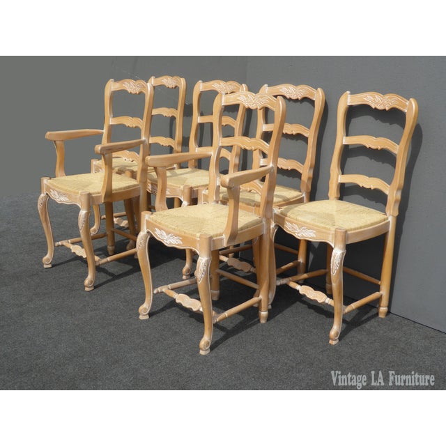 French Country White Wash Carved Wood Rush Dining Chairs Set of 6