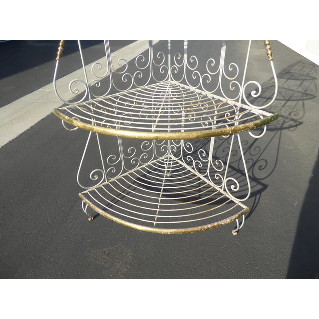 Vintage French Country White Wrought Iron & Brass Corner Bakers Rack