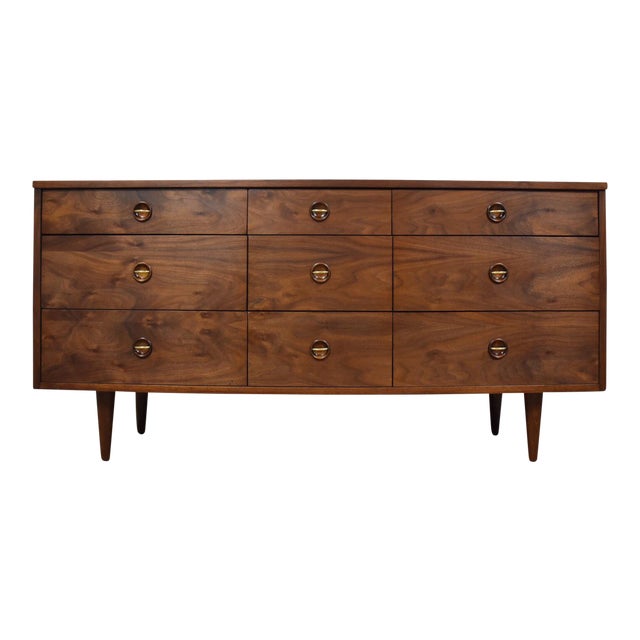 Mid-Century Modern Stanley Walnut & Brass Dresser