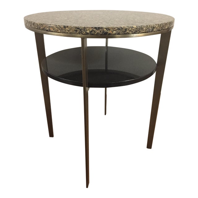Elite Leather Round Granite Top Side Table | Chairish