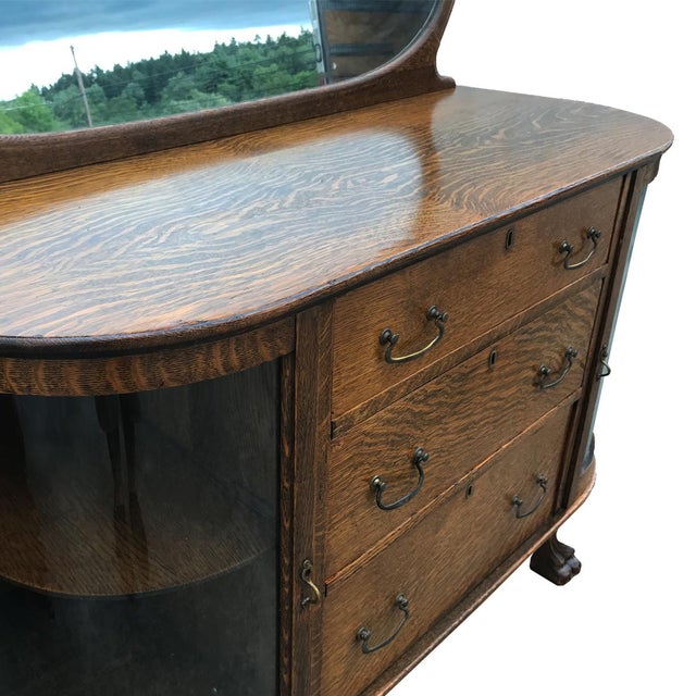 Antique Larkin Tiger Oak Curved Curio Glass Mirrored Buffet Sideboard
