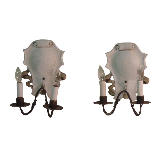 Italian Iron & Painted White Wood Sconces - A Pair | Chairish on White Wooden Wall Sconces id=44552