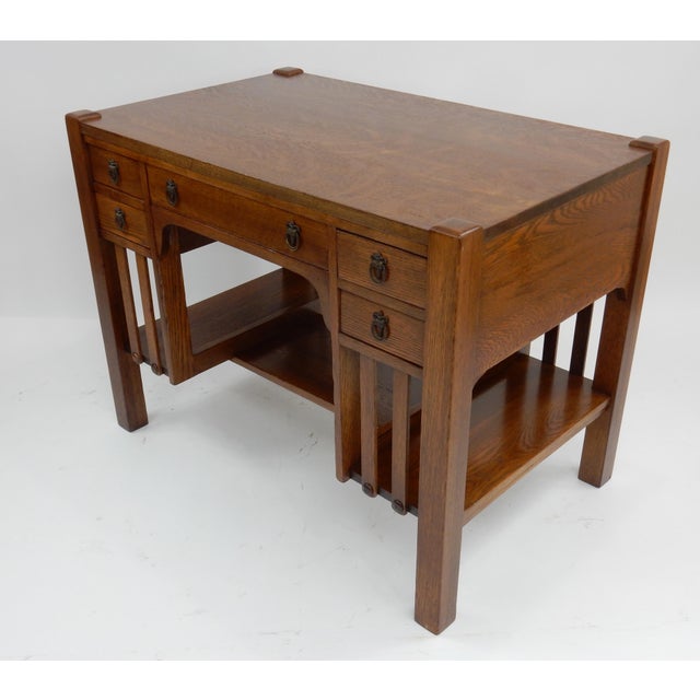 Antique Mission Arts & Crafts Oak Library Desk 38", Signed Bourn Hadley